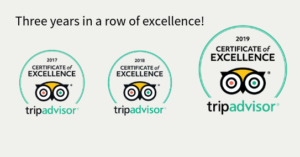 Three years in a row of excellence from TripAdvisor. TripAdvisor logo.