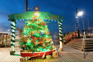 The Schooner Western Union Holiday Lights. Christmas Tree lit up at the Harborwalk.
