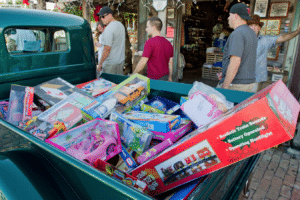 Toy Drive at the Key West Historic Seaport. Toys in a classic car that is on display.